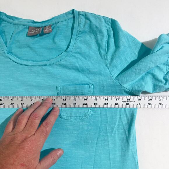 Chico's T- Shirt Woman's Size 0 (S/4) Fringed Short Sleeve Cuffs Teal/ Greenish - Picture 6 of 10